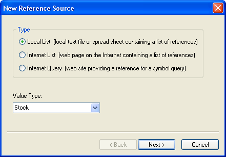 Select the type Local List, and select the value type Stock