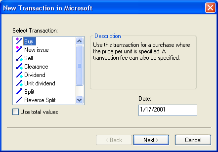 Select the type of transaction and set the date